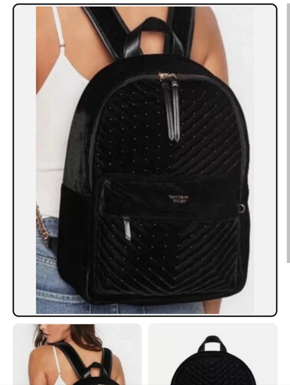 Victoria's Secret Black Quilted Velvet Backpack with Stud Accents